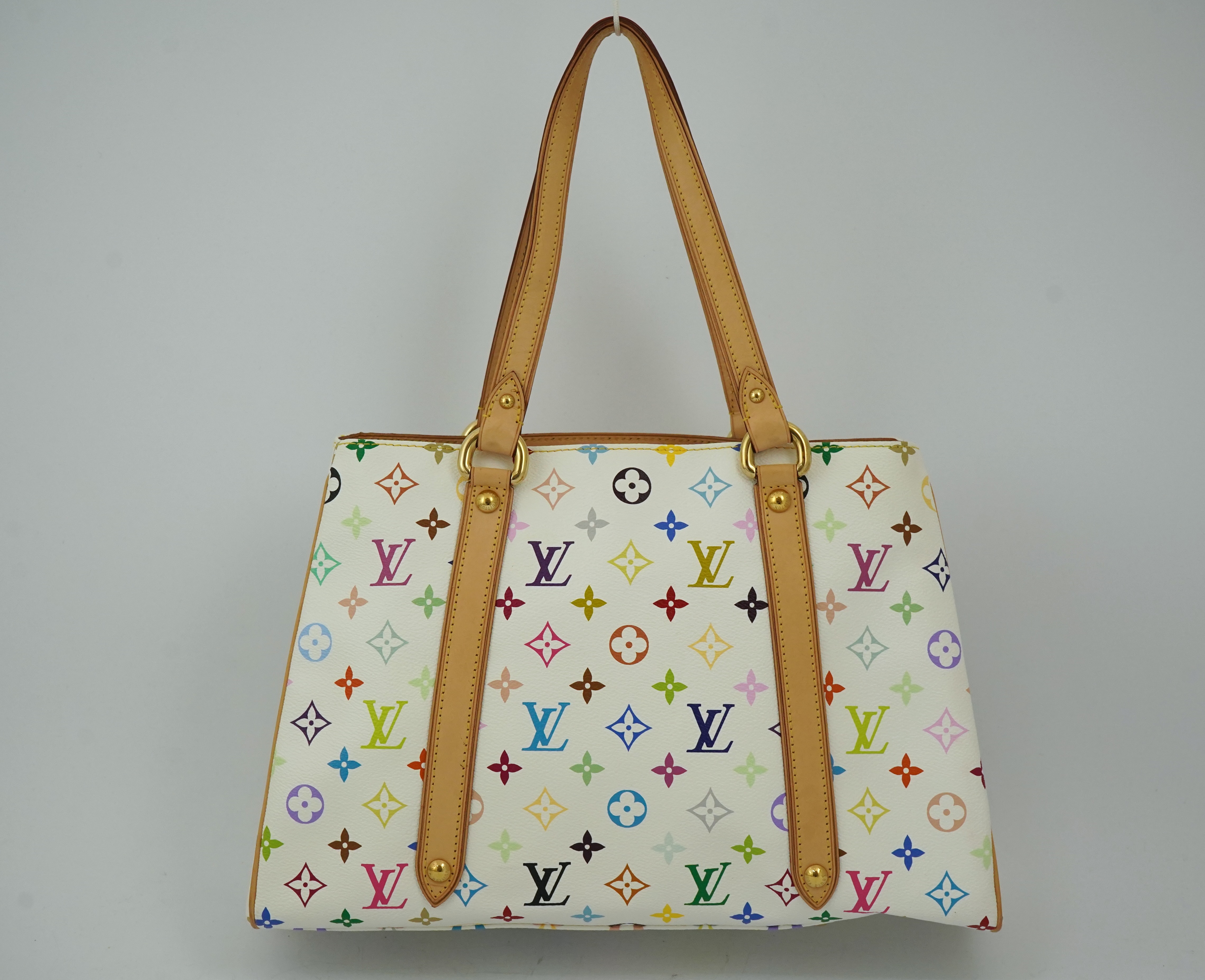 A Louis Vuitton x Takashi Murakami white / monogram multicolour coated canvas handbag with natural cowhide trim